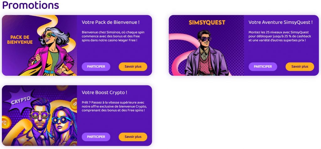 Bonus de bienvenue Simsinos Casino 100% jusqu’à 250€ + 110 tours gratuits